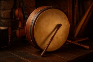 Bodhrán instrument traditionnel irlandais en bois et peau entouré d’instruments celtiques