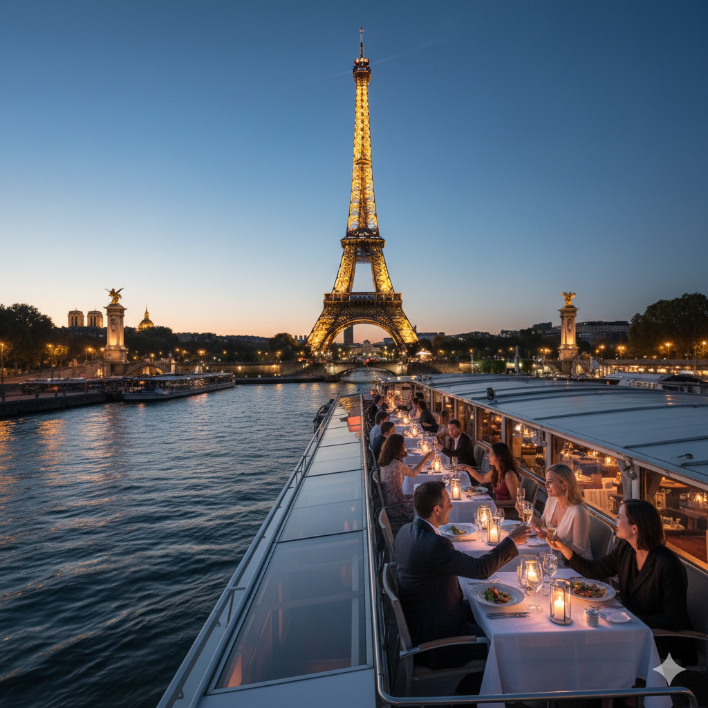 Croisière Seine Paris : vue de nuit sur la Tour Eiffel scintillante depuis le bateau